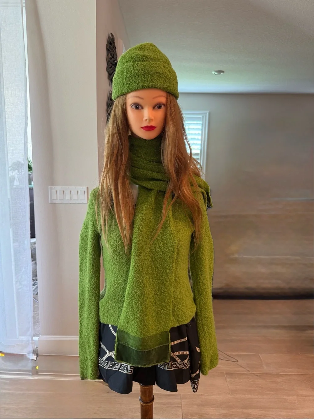 Moda International Olive Green Knit Sweater, Scarf, Beanie & Gloves Set